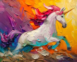 Abstract unicorn painting, colorful body, oil with palette knife, on a vibrant background, with radiant highlights and dramatic lighting