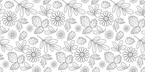 Fototapeta na wymiar Seamless floral pattern of chamomile with leaves isolated on white background. Vector editable pattern in doodle style. Natural eco-friendly design for packaging, cover, paper, pharmacy, fabric