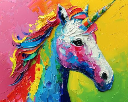 Colorful abstract unicorn, oil paint with palette knife strokes, on a brightly colored canvas, enhanced by dramatic light and highlights