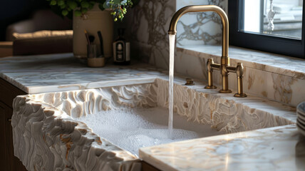 A marble kitchen sink with a golden faucet