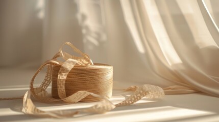Natural jute twine roll and measuring tape on a sunlit table with soft shadows