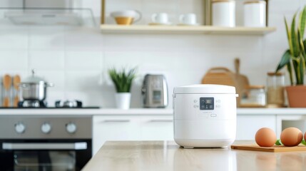 Fototapeta na wymiar Modern white compact rice cooker on kitchen counter with sleek interior design
