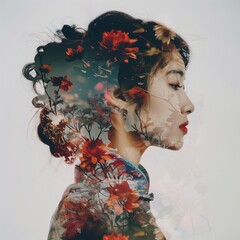 A breathtaking combination of a Chinese woman's portrait with intricate floral patterns and abstract designs in a mesmerizing double exposure.