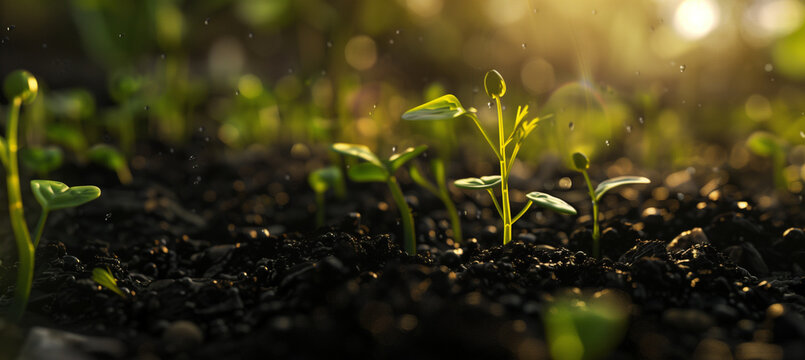 photo of growing plant in black ground, pics of growth small green plant in spring day