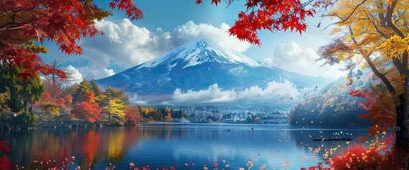 Washable wall murals Reflection A landscape with a mountain in its central position. The latter is reflected in the pond. A settlement can be seen in the distance, which seems to enjoy the shelter of the mountain. Red-leaved trees a