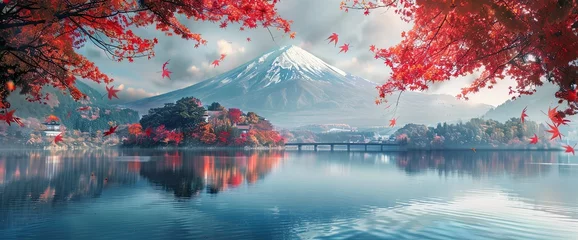 Foto op Aluminium Reflectie A landscape with a mountain in its central position. The latter is reflected in the pond. A settlement can be seen in the distance, which seems to enjoy the shelter of the mountain. Red-leaved trees a