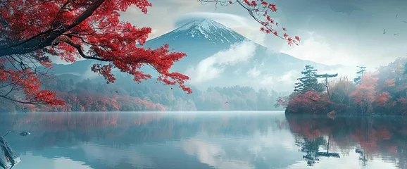 Blackout roller blinds Reflection A landscape with a mountain in its central position. The latter is reflected in the pond. A settlement can be seen in the distance, which seems to enjoy the shelter of the mountain. Red-leaved trees a