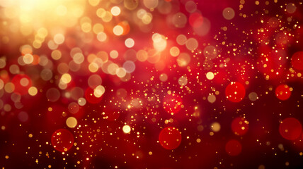 Red and gold circles abstract background. Bokeh shining particles on dark red scarlet background