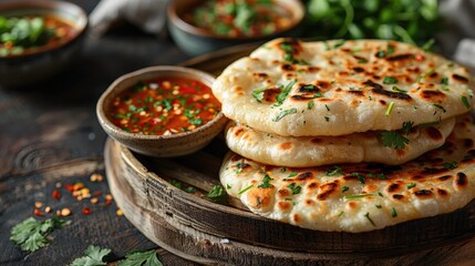 Freshly Prepared Thai Mataba Stuffed Flatbread with Spicy Dipping Sauce on Wooden Rustic Background