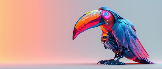Obraz premium A sleek 3D cyberpunk hornbill with whimsical robotic limbs and glowing neon scales