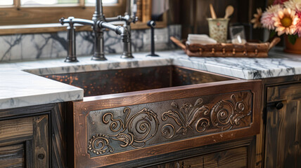 Fototapeta na wymiar A copper sink with ornate design in a kitchen.
