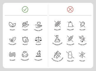 Set of icons for ethical food. The outline icons are well scalable and editable. Contrasting elements are good for different backgrounds. EPS10.