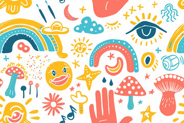 Playful doodle pattern with celestial and nature motifs