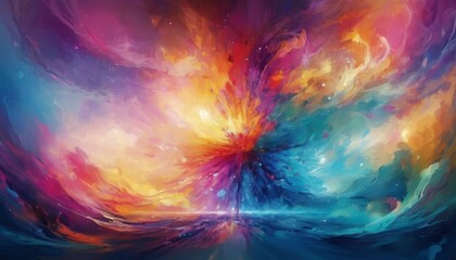 A vibrant digital painting showcasing an explosion of colors resembling a celestial event, perfect for expressing energy and creativity. AI Generation