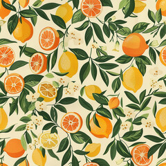 Citrus fruit pattern with leaves and blossoms - obrazy, fototapety, plakaty