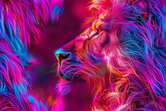 Neon lion portrait in abstract colors