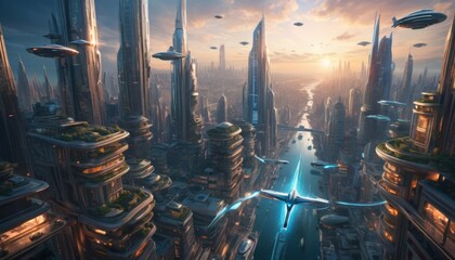 A stunning vision of the future, this cityscape boasts towering skyscrapers and advanced air traffic under a setting sun. AI Generation - obrazy, fototapety, plakaty