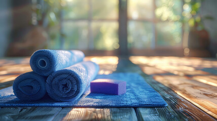 Blue towels and yoga mat on wooden floor - obrazy, fototapety, plakaty