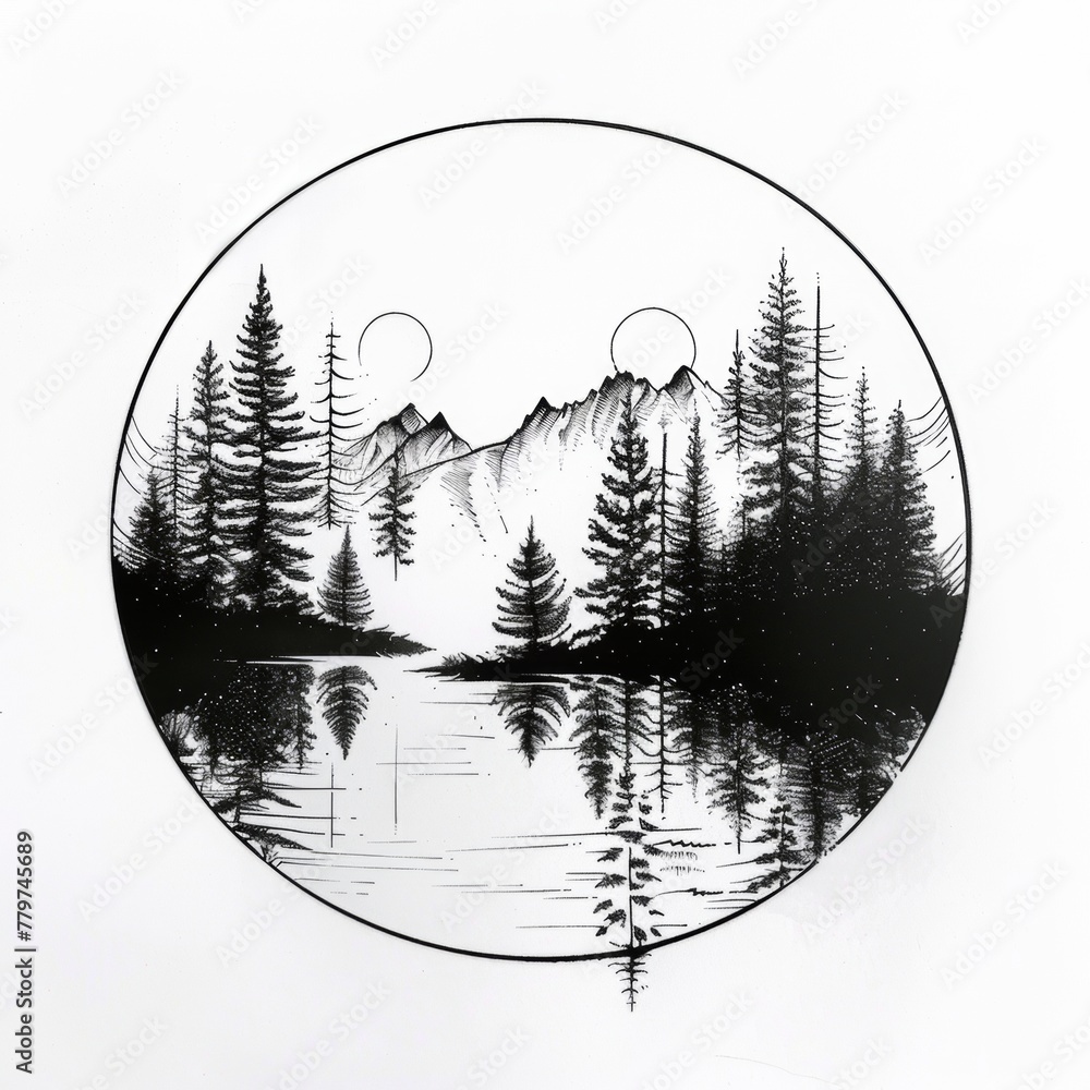 Wall mural silhouetted forest or landscape scene composed of minimal linework tattoo design