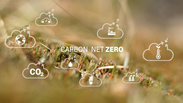 Net zero emission emissions , carbon reduce concept. Net zero greenhouse gas emissions target. Climate neutral long term strategy 2050 with net zero digital icons on bokeh background.Closeup corporate