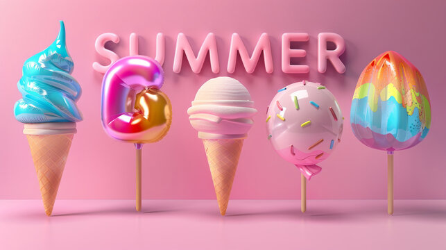 Vibranti gelati gonfiabili  su sfondo rosa con testo "summer" in 3d