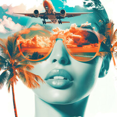 Double exposure of woman in sunglasses with airplane and palm trees. Travel concept. - obrazy, fototapety, plakaty