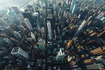 Bustling cityscape featuring tall buildings, captured from a captivating top-down perspective, showcasing urban vibrancy and architectural grandeur - obrazy, fototapety, plakaty