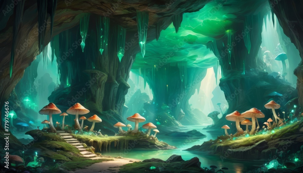 Poster a mystical cave scene in digital art, showcasing luminescent flora and a tranquil stepping-stone pat
