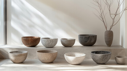 Assorted bowls on modern shelf.