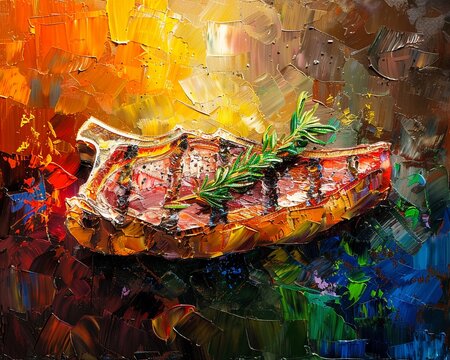 Palette knife abstract of a steak, summer barbecue theme, with oil paint on a brightly colored canvas, accentuated by vivid highlights and strong lighting