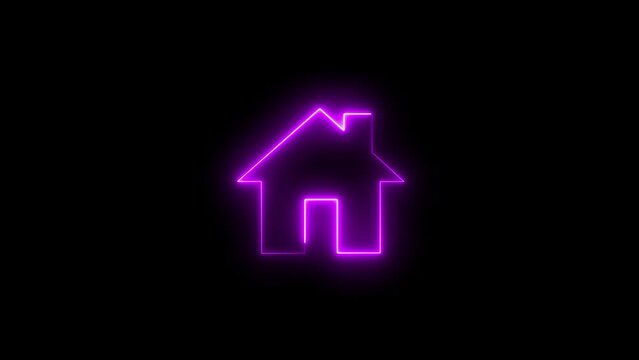 Neon Home button animation. Home icon, house sign glowing neon lights seamless loop animation. neon home sign blinks animation.