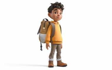 Young boy with school bag, stylized cartoon character, school kid 3d rendering