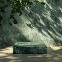 Podium mockup, product display platform, green marble podium and forest background, light and shadow, 3D