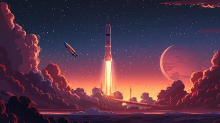A rocket launches into the night sky, starting its mission. A spaceship takes off from a planet and - obrazy, fototapety, plakaty