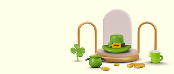 Traditional leprechaun hat on podium, gold coins, treasure pot, frothy drink mug