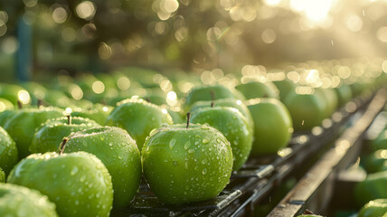 Green apples on a conveyor with water droplets
