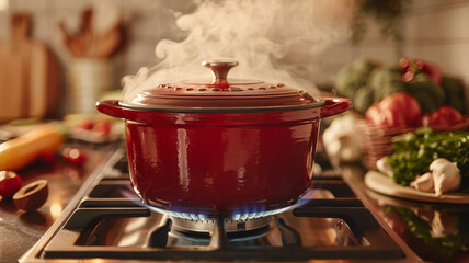 Steaming pot on kitchen stove with vegetables