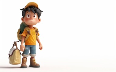 Obraz premium Young boy with school bag, stylized cartoon character, school kid 3d rendering