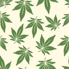 Vector Seamless Pattern with Flat Cannabis Leaves. Hemp, Cannabis Green Leaf on a White Background. Seamless Print with Medical Marijuana. Vector Illustration