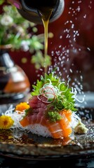 Japanese dish artfully arranged and enhanced by the delicate splash of ponzu
