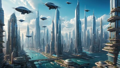 Fototapeta na wymiar A bustling futuristic cityscape with towering skyscrapers, flying vehicles, and intricate waterways under a clear blue sky.. AI Generation