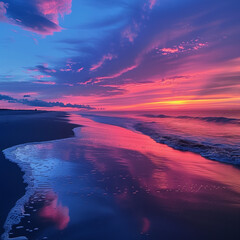 Sunset Glow on Seashore with Gentle Waves