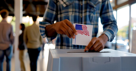 The US presidential election is underway, with voters casting their ballots in ballot boxes, with the American flag in the backdrop.

