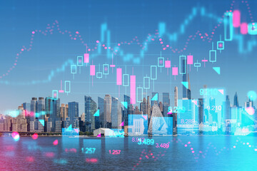 New York skyline with digital stock market graphs, Double exposure. Blue and pink light, cyber cityscape, finance technology concept. Double exposure - obrazy, fototapety, plakaty