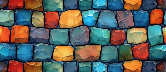 A close up of a colorful rock wall showcasing the artistry of different tints and shades, symmetry in pattern, and the use of building materials like glass and electric blue, magenta rectangles - obrazy, fototapety, plakaty