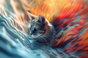 Abstract image of a thought experiment in which a cat lives and dies simultaneously, surrounded by shimmering waves of probability. - obrazy, fototapety, plakaty