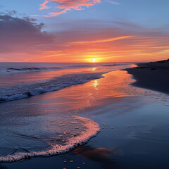 Calm Dawn on Sandy Beach with Soft Waves