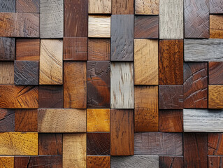 A wooden wall with a pattern of different colored wood blocks