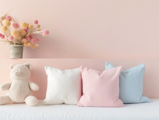A mockup pillow is in the children's room on a light pink wall background.