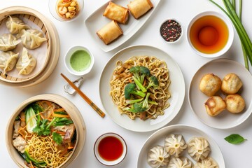 Assorted Asian cuisine dishes with dumplings, spring rolls, and stir-fry noodles